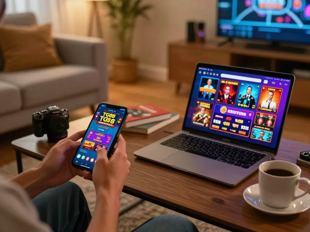 Engaging gameplay at TG88 with a person using a smartphone and laptop for online gambling