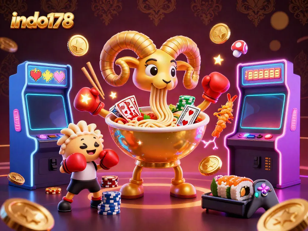 Experience the thrill of playing indo178 with vibrant casino characters surrounded by arcade games, glowing with excitement.