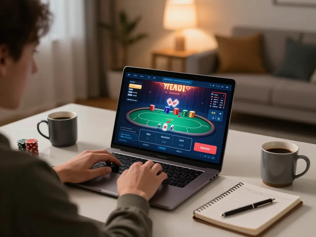 Player engaging with poker game interface at https://fc88bet.uk.com in a stylish home setting