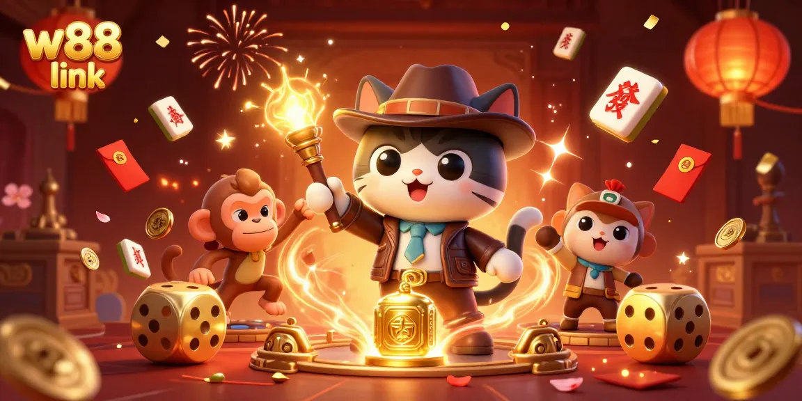 Engage with the exciting w88 link in this dynamic casino adventure scene featuring an archaeologist cat.