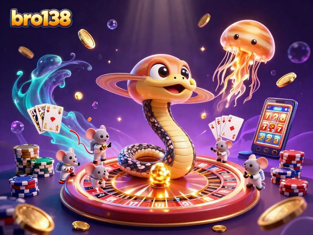 Experience thrilling spins and bets at bro138's cosmic casino with vibrant 3D characters.
