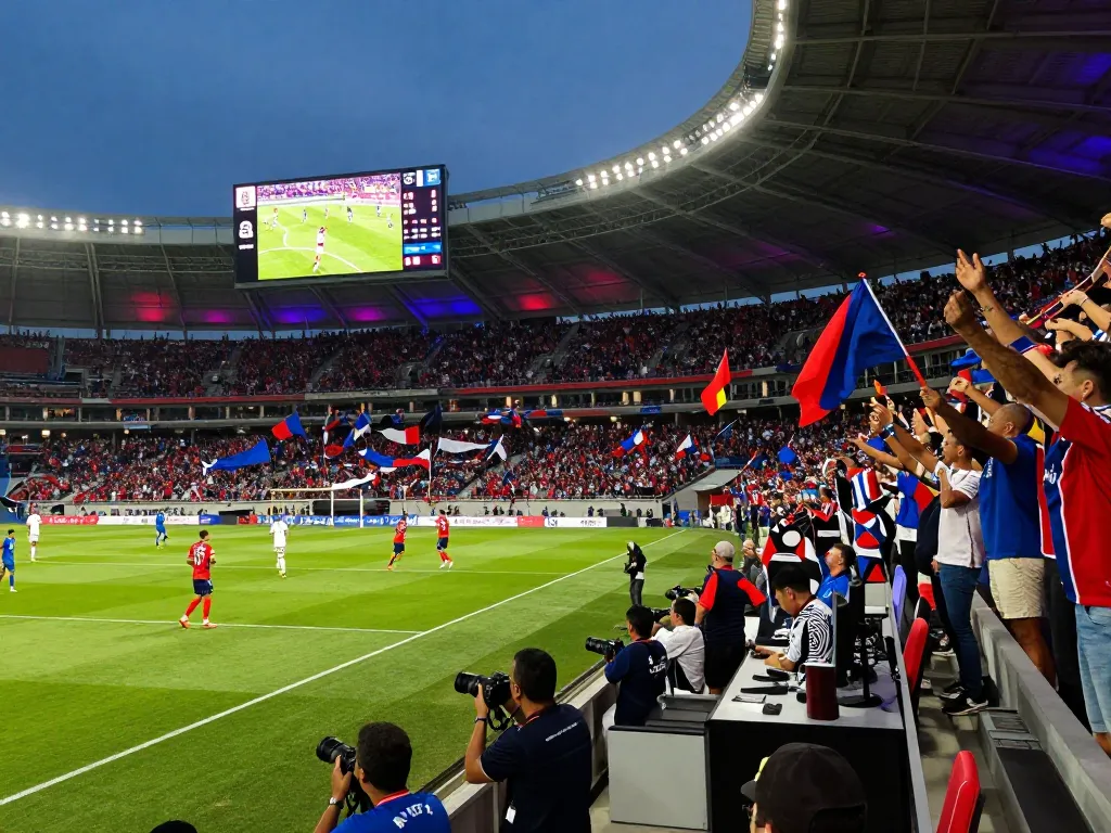 Football fans passionately supporting their teams at Now Goal live match, energizing stadium atmosphere.