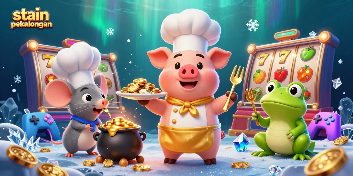 Engage with the vibrant casino scene at stain pekalongan, featuring a chef pig, sous-chef mouse, and critic frog amid slot reels.