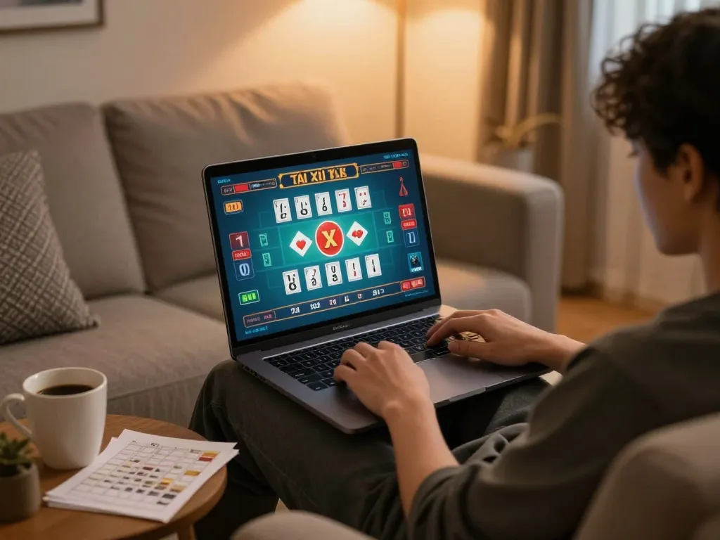 Tài xỉu online game being played on a laptop in a cozy home setting with strategic notes.