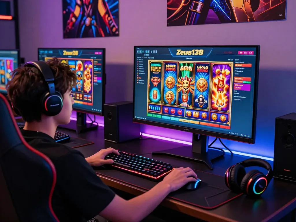 Dynamic online gameplay at Zeus138 showing engaging slot game interface in a vibrant gaming setup.
