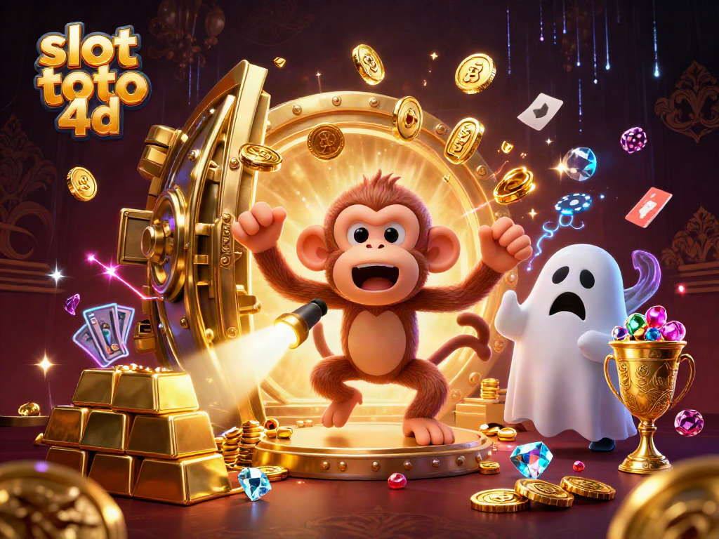 Engage in excitement with slot toto 4d as a playful ghost-hunter puppy tracks a mischievous poltergeist monkey in a lively casino scene.