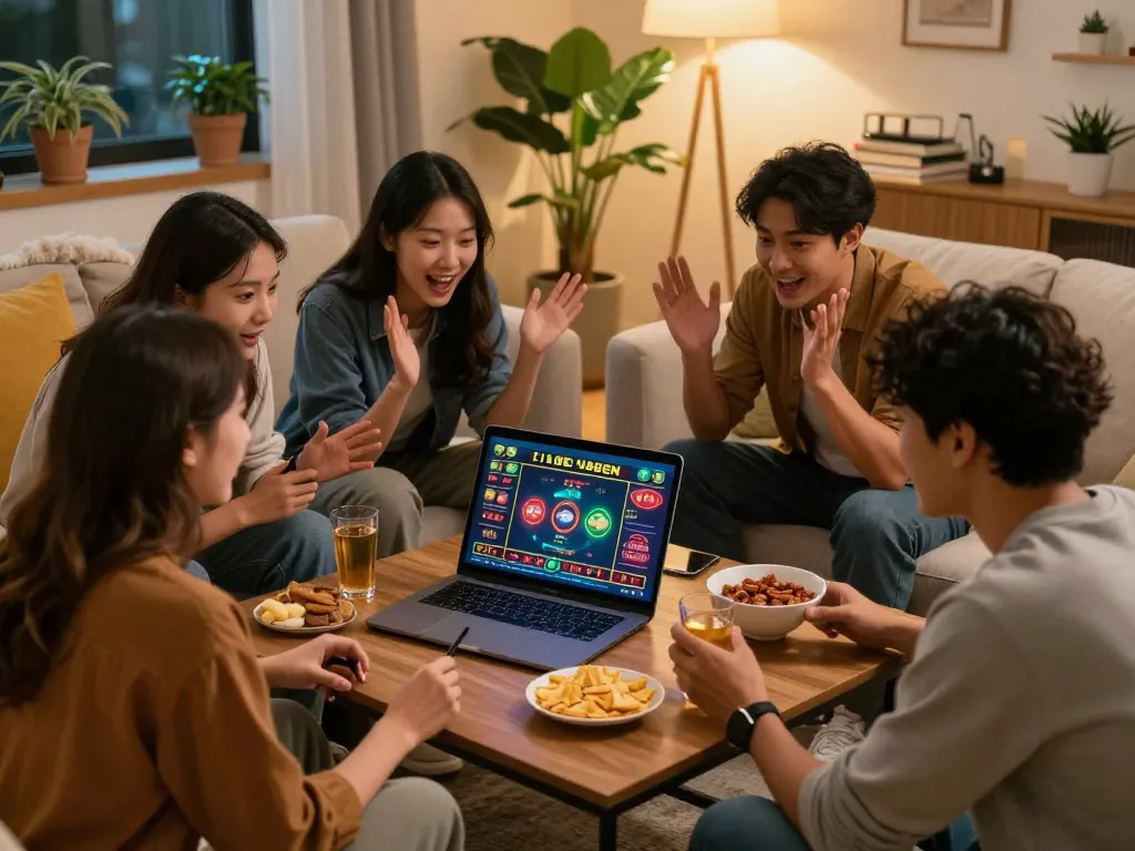 Engaging Live Casino session with friends enjoying a game night at home, laptop showing game interface and snacks on table