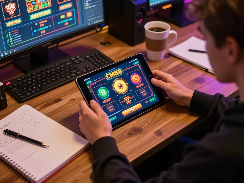 Engaging in strategic gaming on CM88 tablet with colorful casino graphics at a cozy home setup.