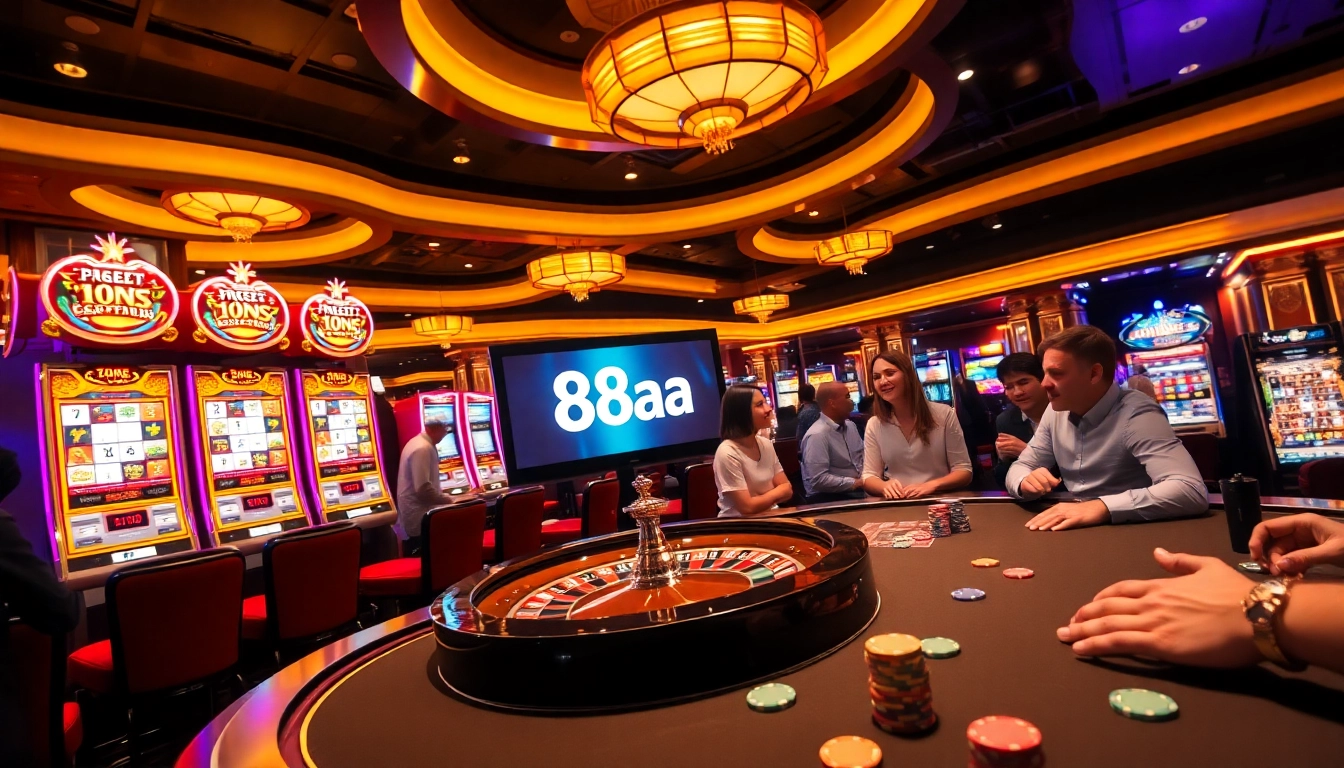 Experience the thrill of winning at 88aa with vibrant slot machines and an exciting roulette wheel.