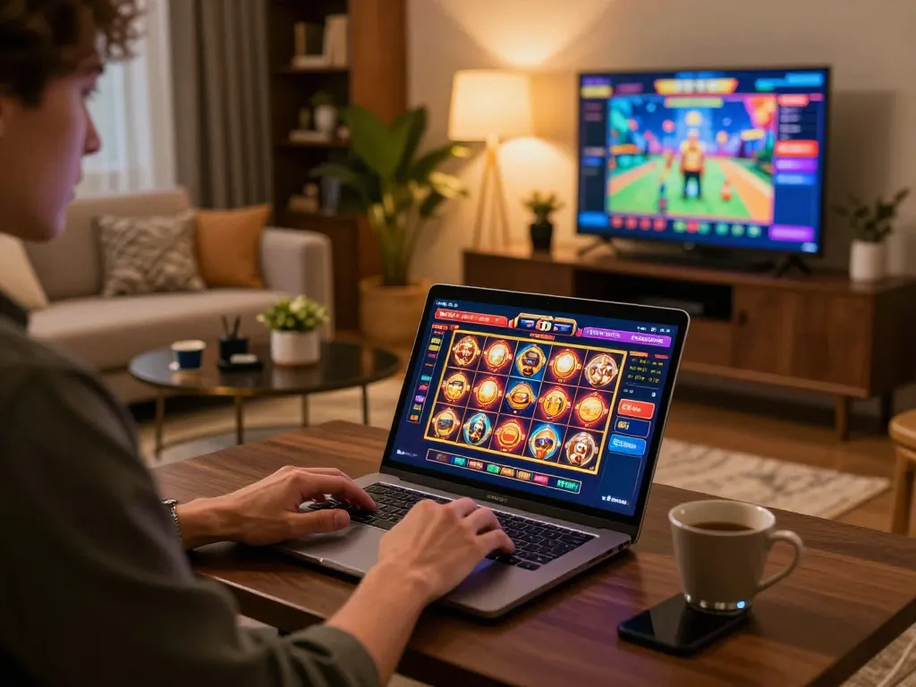Player enjoying immersive slot pulsa games on stylish laptop in elegant home setup