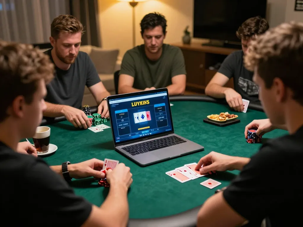 Pemain Bintangmpo merencanakan strategi selama permainan poker online yang intens di rumah, menunjukkan permainan yang penuh pemikiran.