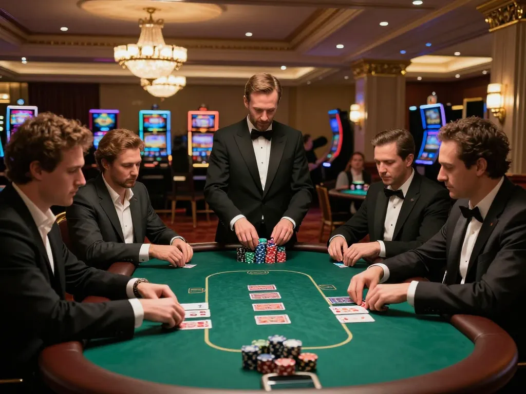 Engaged players in a high-stakes poker game at an upscale casino showcasing thrilling action with 789 chips stacked on the table