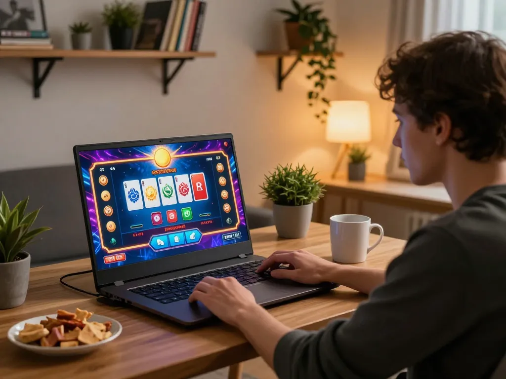 Player enjoying a sun win gameplay on laptop in a cozy home setting