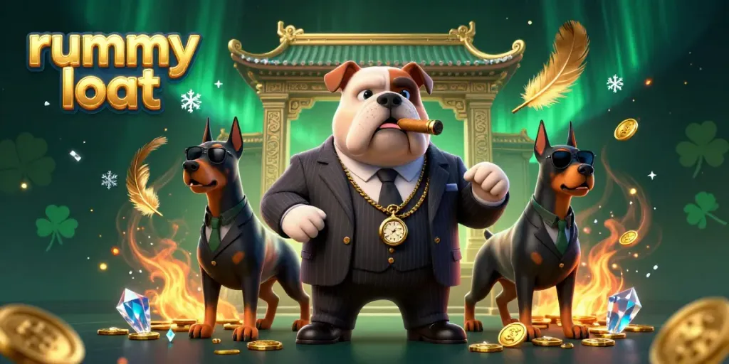 Engaging rummy loot illustration showcasing a mafia bulldog and Doberman bodyguards amidst gold tokens and vibrant game elements.