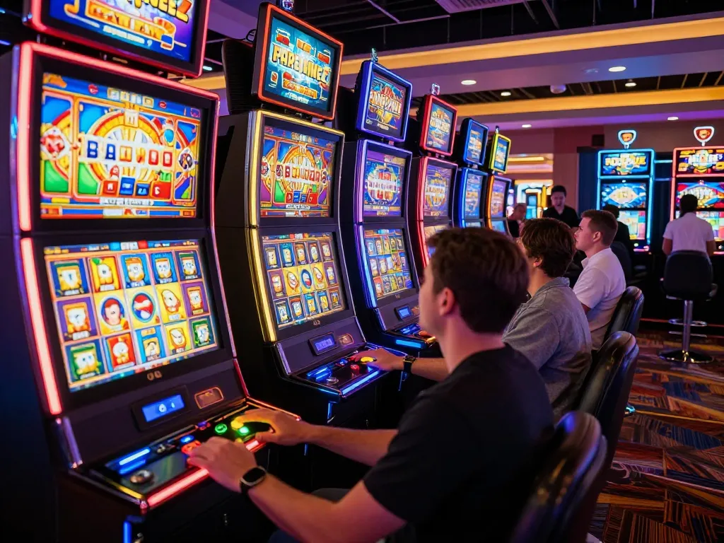 pemain situs togel menikmati mesin slot yang cerah dengan tampilan berwarna-warni di kasino modern