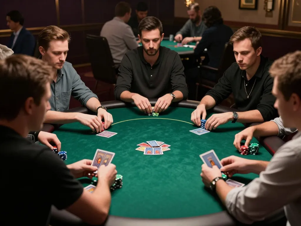 Intense poker gameplay at Nowgoal table with players contemplating strategies during high-stakes game