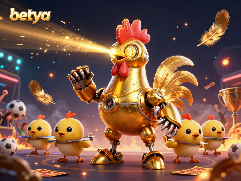 Betya showcases a vibrant sports betting scene featuring a golden rooster robot and baby chick drones in action.