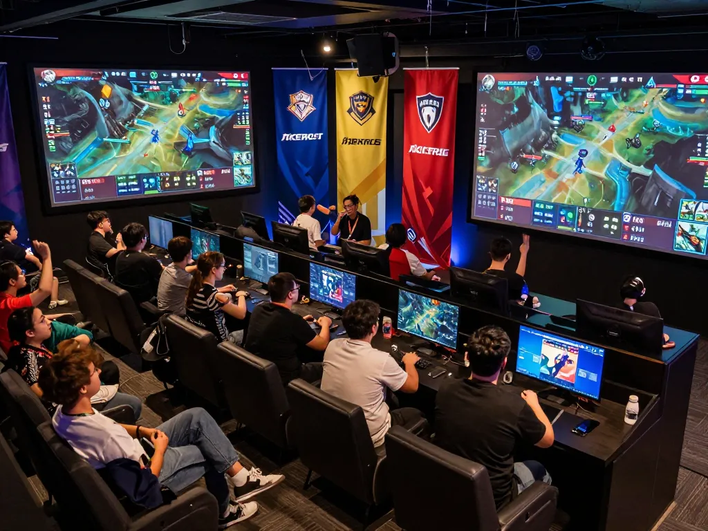 Esports betting excitement captured with engaged fans cheering for mm88 teams on large screens.