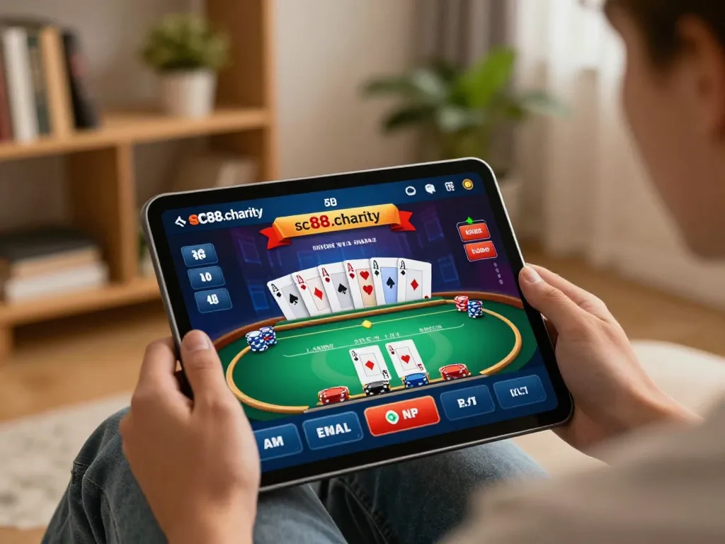 Engaging scene of online gameplay on tablet at home, highlighting sc88.charity for thrilling poker action.