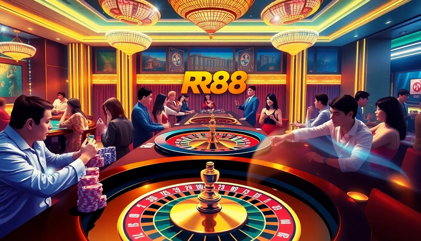Exciting gambling scene at RR88 casino with poker chips, roulette wheel, and vibrant players
