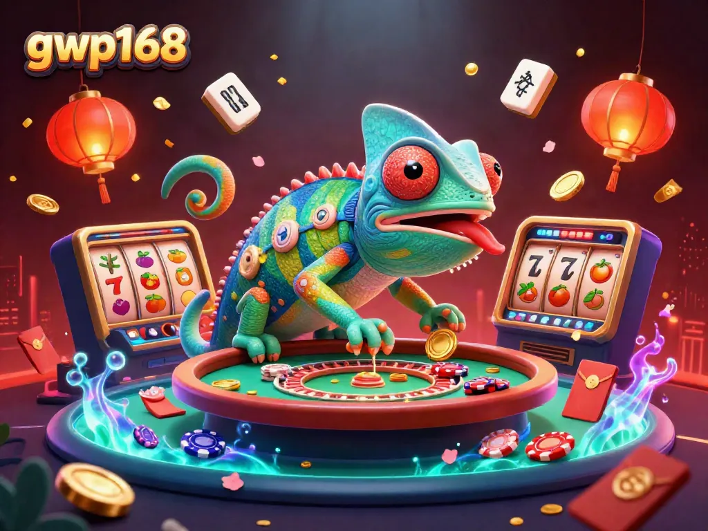 Memenangkan jackpot di gwp168, chameleon kasino berwarna-warni mengawasi permainan sambil menangkap koin emas.