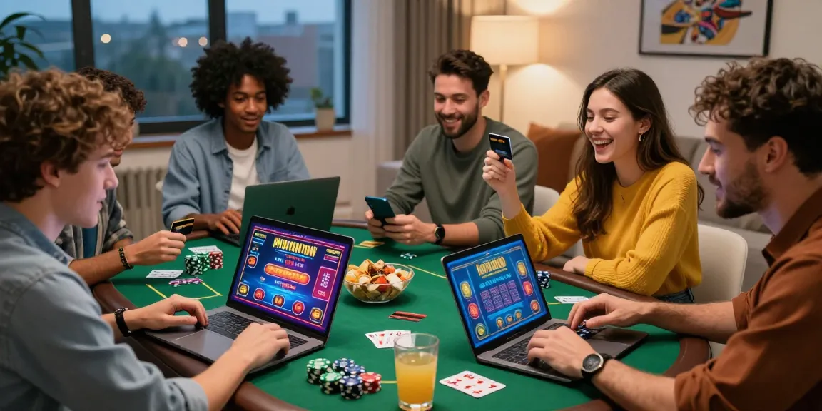 Exciting group playing at credit card casinos uk with laptops and vibrant atmosphere.