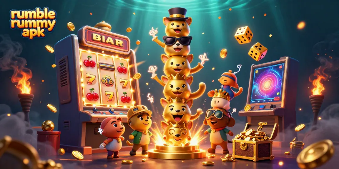 Experience the thrill of winning with the Rumble Rummy APK in a dynamic 3D casino illustration.
