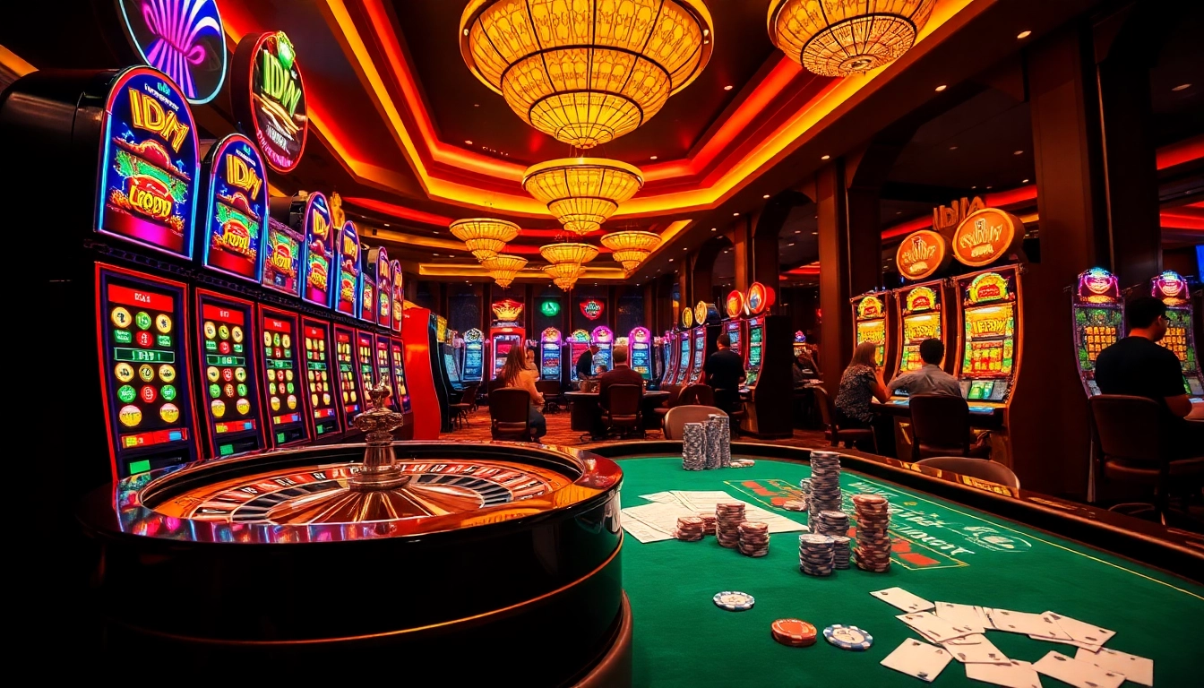 Playing idn slot machines in a luxurious casino filled with excitement and vibrant lights.