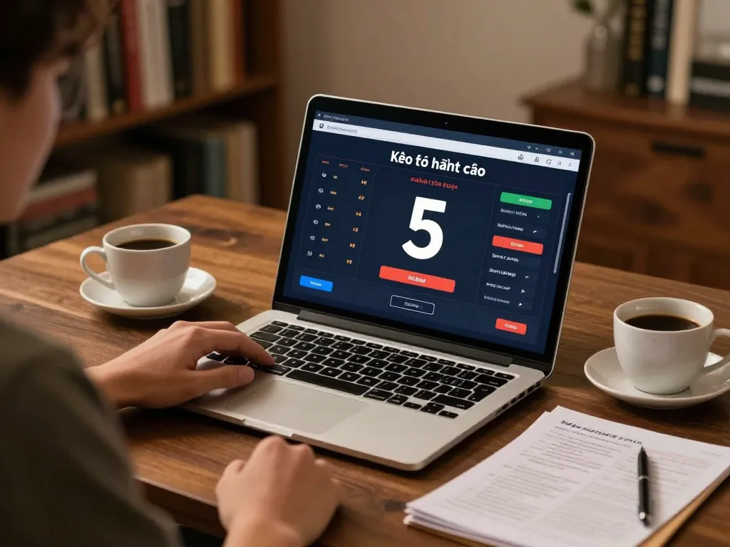 Engaged player analyzing kèo nhà cái 5 on laptop while managing bets responsibly at home.