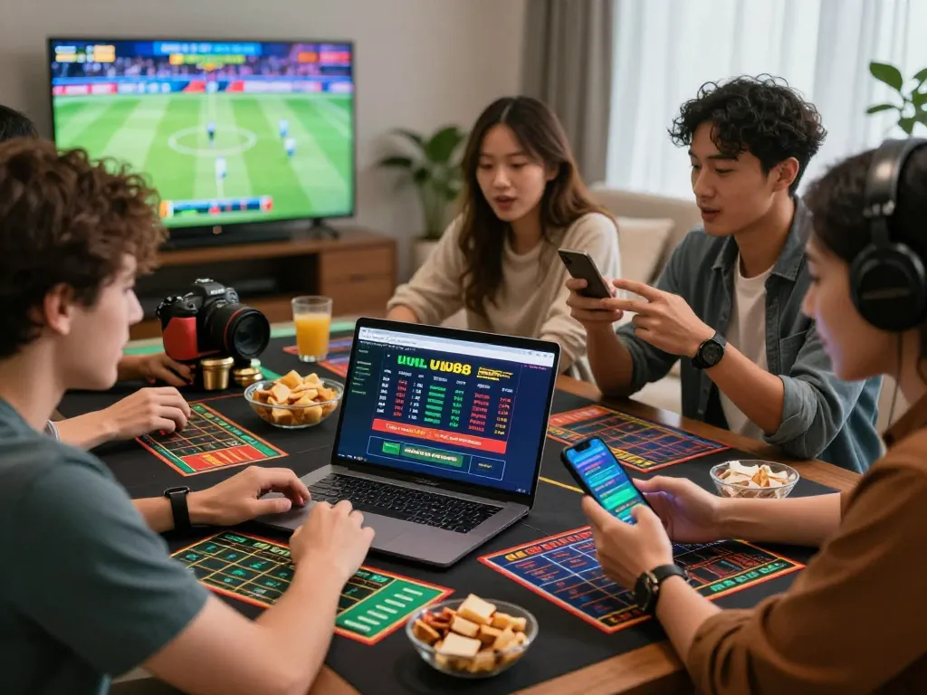 Friends engaged in sports betting on UU88 during a live game, showcasing excitement and strategy.