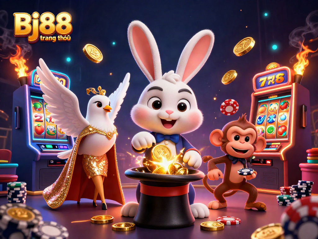 Experience the thrill of winning at Bj88 trang chủ with 3D characters celebrating casino excitement.