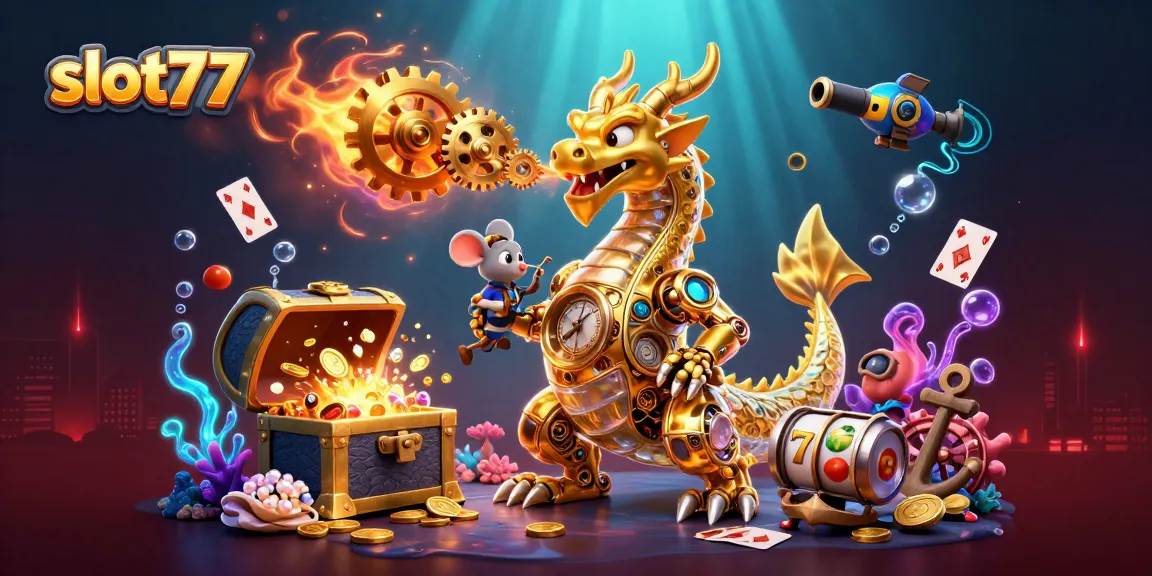 Feel the excitement of slot77 with this vibrant 3D illustration showcasing golden jackpots and dynamic gameplay elements.