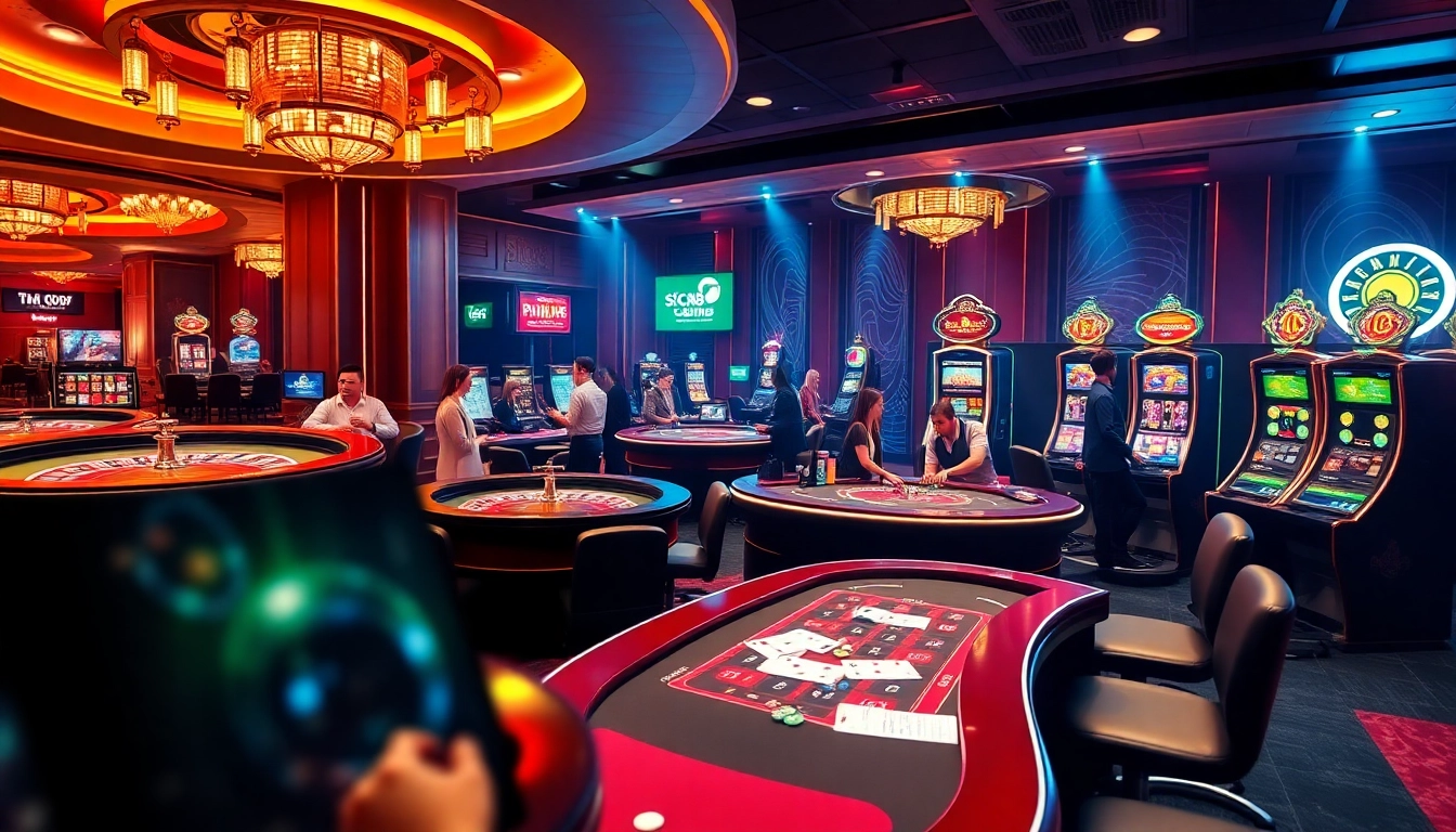 Action-packed scene featuring Link SC88 Chính Thức with casino tables and vibrant gaming visuals.