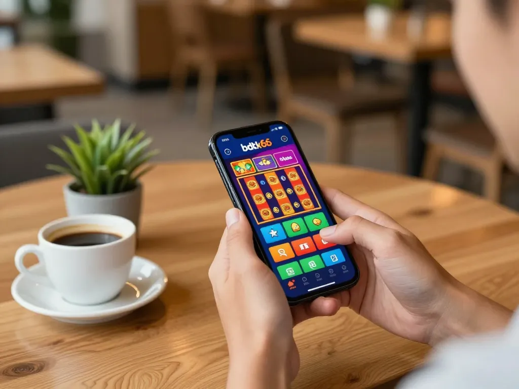 Engaging in bdtk66 online casino gameplay on smartphone in cozy café setting