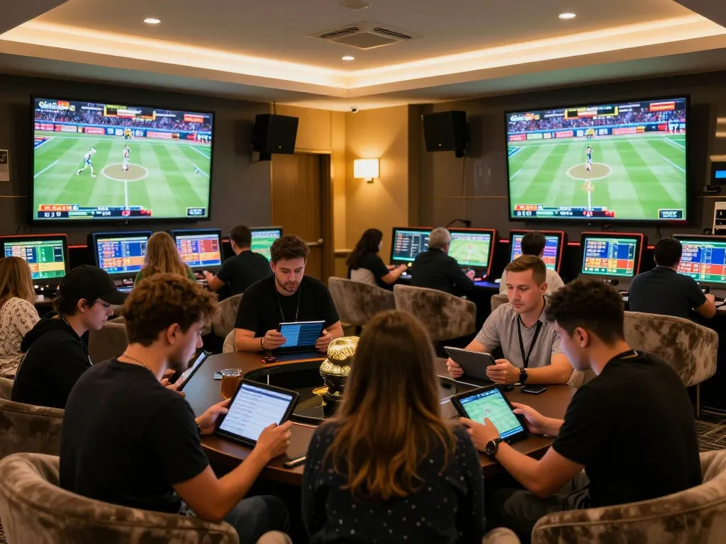 Tỷ lệ kèo nhà cái hôm nay, vibrant sports betting lounge with enthusiastic bettors engaging with live game odds.