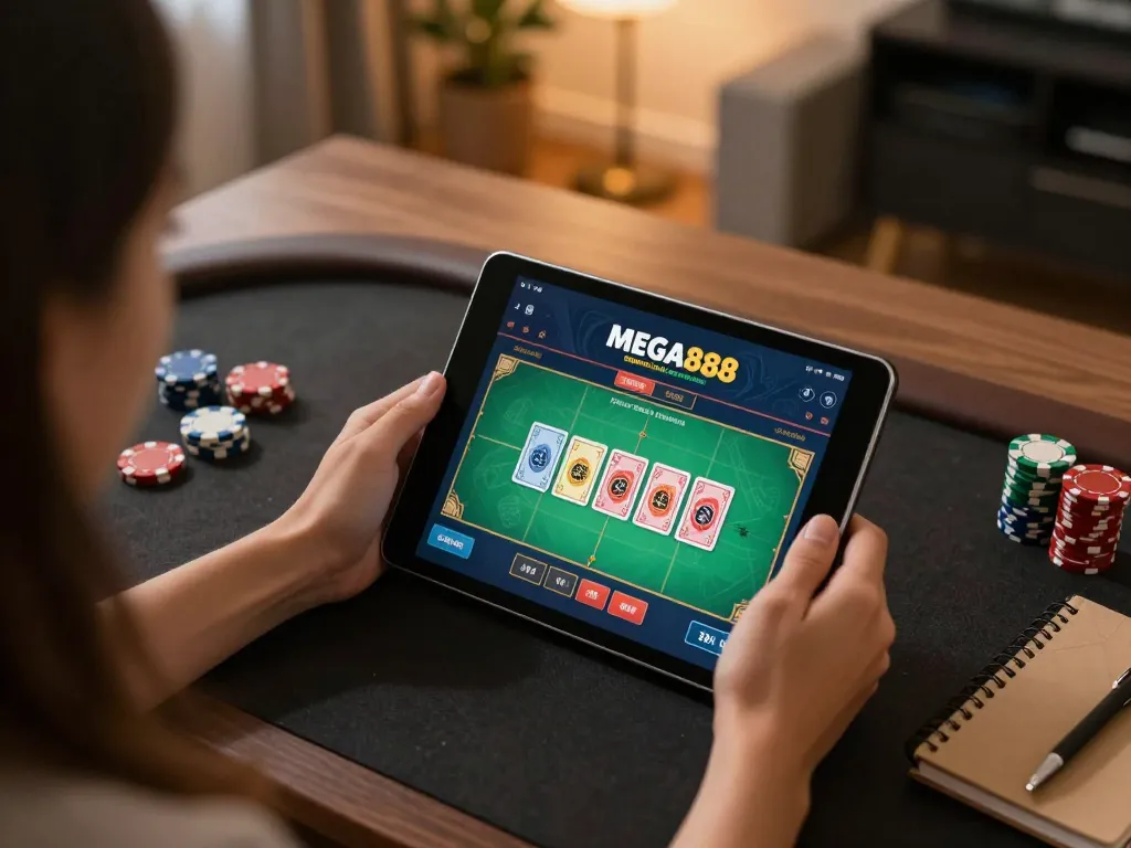 Engaging scene of person enjoying mega888 original download ios app on tablet, showcasing responsible online gambling.