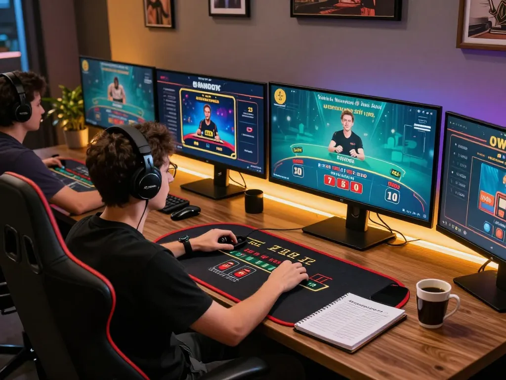 Player engaging in online blackjack with multiple screens, capturing the essence of linuxmag-france gaming in a modern setup.