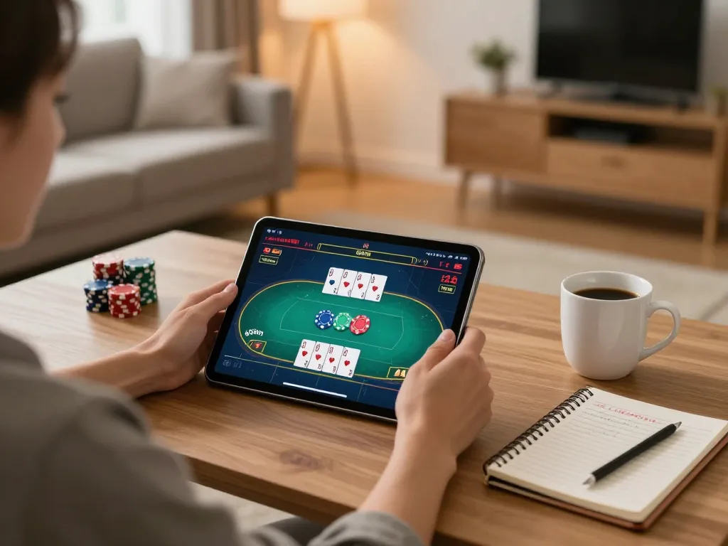 Luck8 user engaging in online poker on a tablet with strategy notes nearby