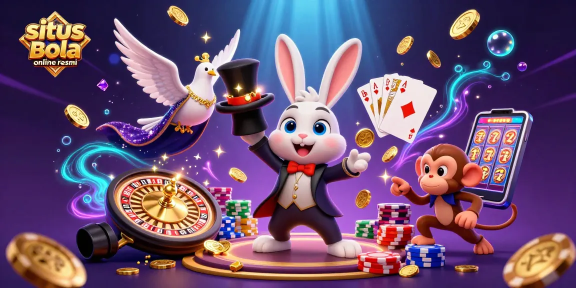 Experience the excitement of situs bola online resmi with a magical scene of a rabbit, coins, and poker elements.