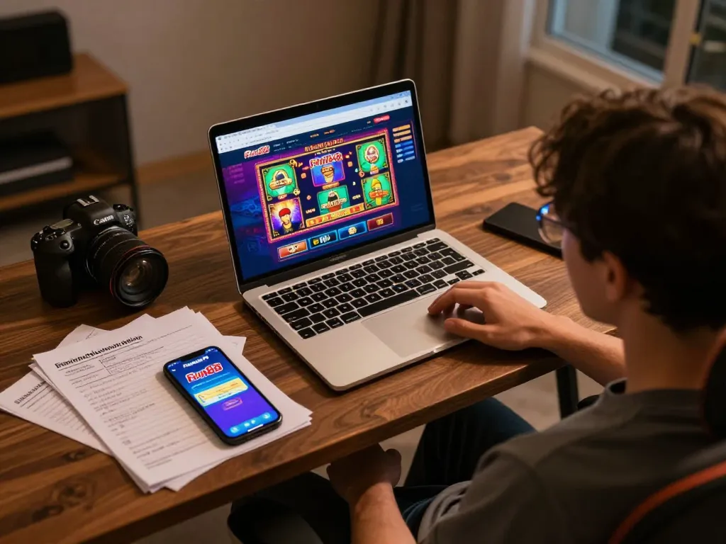 Fun88 online gambling setup showing player engaged with casino games on laptop.