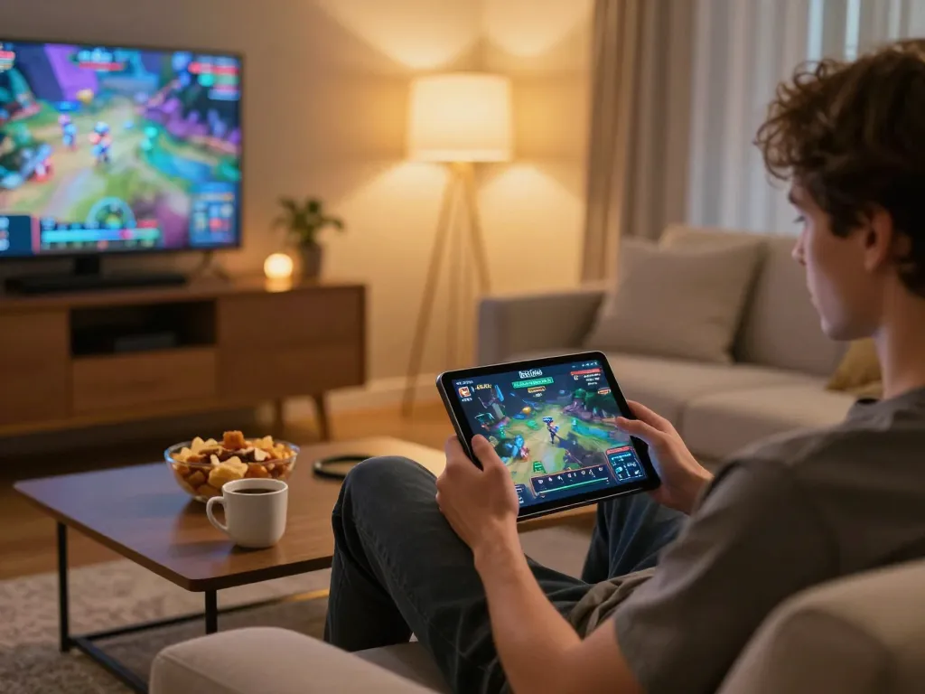 b52club user engaging in online gaming on a tablet, showcasing a cozy and interactive home setup.