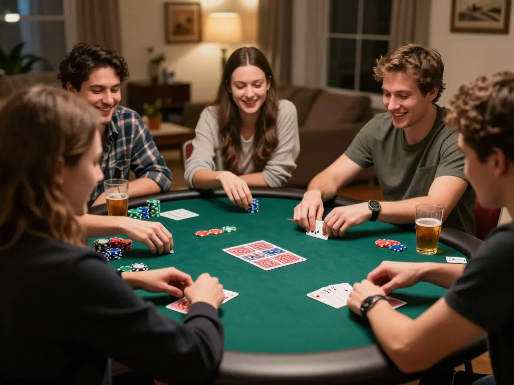 Friends enjoying poker at home, highlighting open 88 and friendly strategy discussions