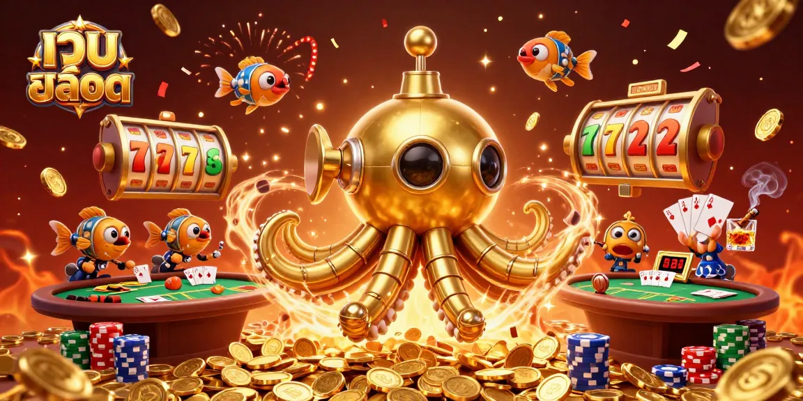 Experience thrilling เว็บสล็อต action as the golden kraken submarine surfaces amidst coins, showcasing dynamic gaming elements.