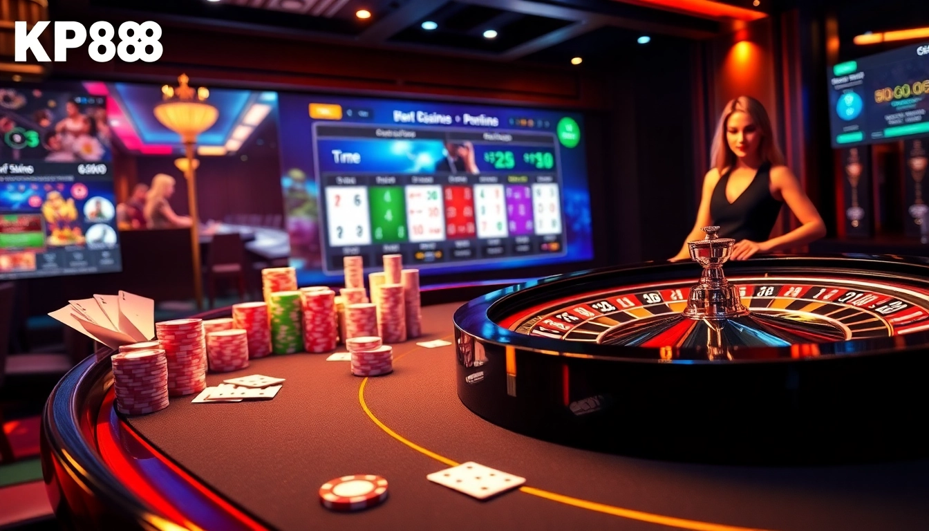 Experience the thrill of KP88 with vibrant casino elements, including dice and roulette, showcasing expert gambling.