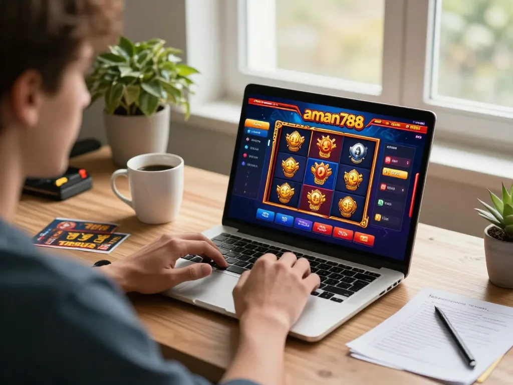 Player engages with aman788 slot games on a laptop, showcasing online casino strategy and casual gaming.