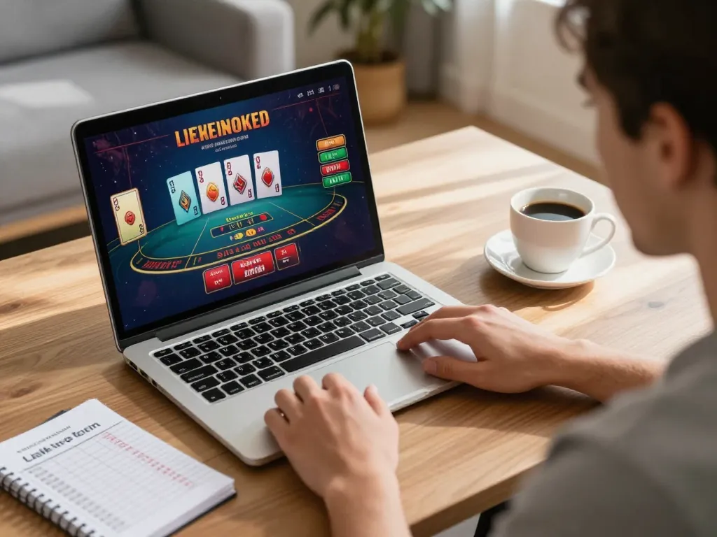 Engaging in an exciting live dealer blackjack game on TR88, with vibrant cards displayed on laptop.