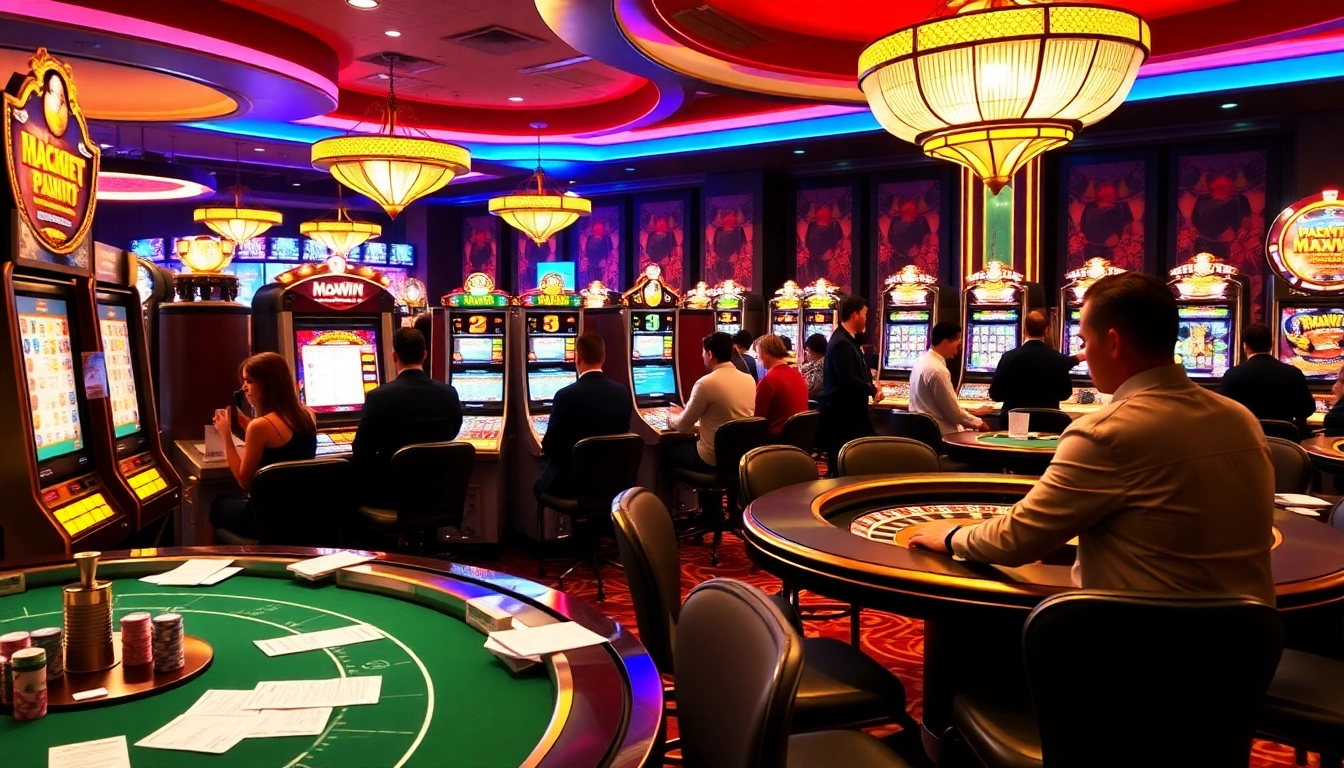 Experience the excitement of Slot Maxwin in a lively casino with glowing machines and thrilled players.