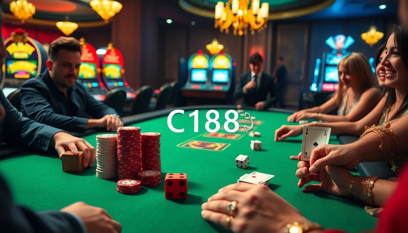 C168 players engage at a high-stakes poker table amid vibrant casino excitement.