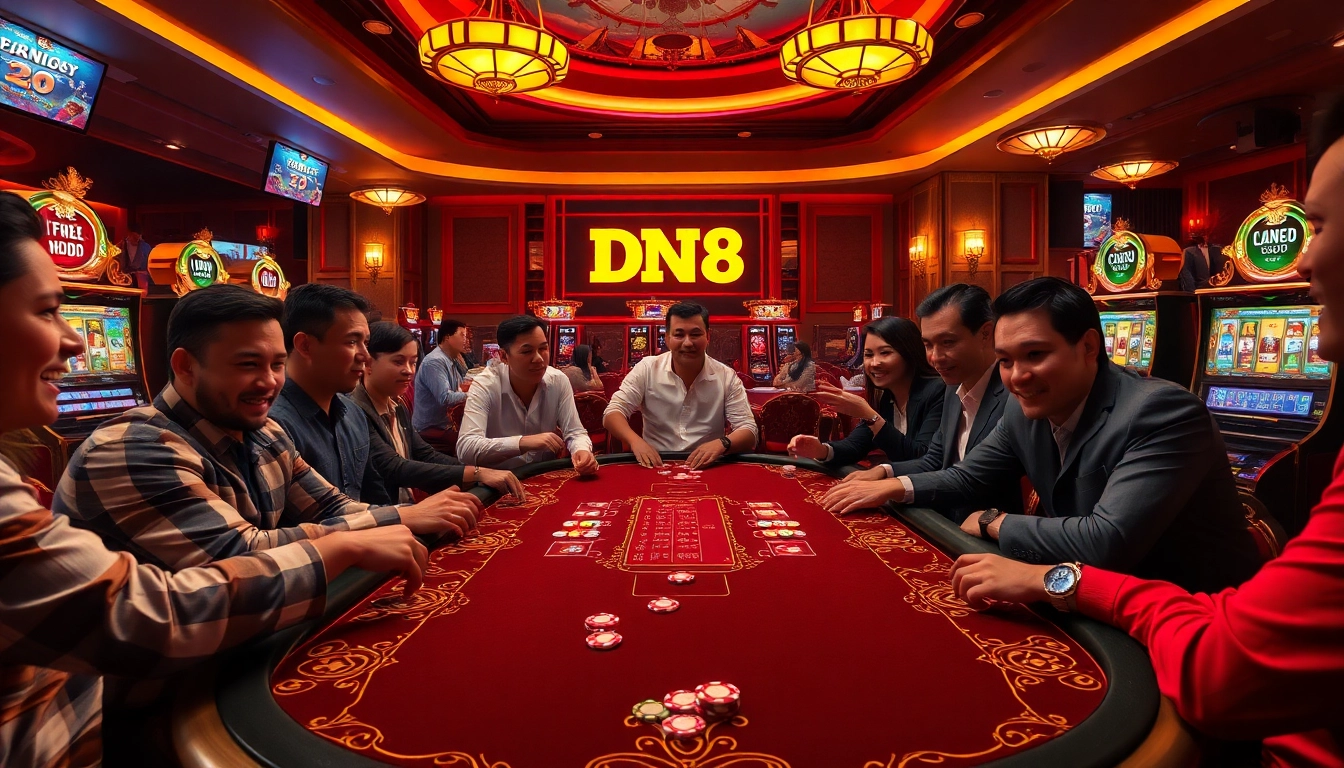 Players enjoying high-stakes poker at DN 88 casino, surrounded by vibrant slot machines.