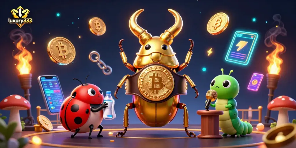 Luxury333 menunjukkan pertarungan seru antara kumbang jantan emas dan karakter kartun, dikelilingi oleh koin crypto.